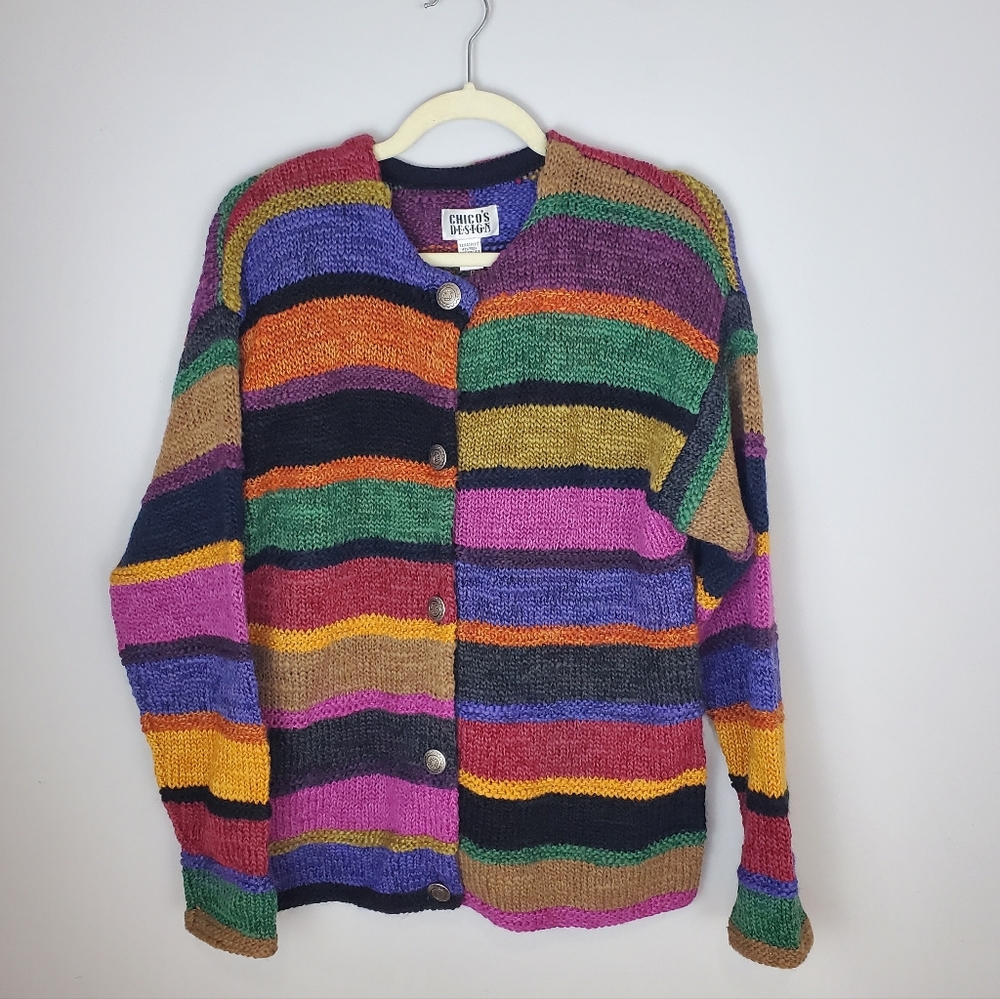 Chico's Design Vintage Chunky Knit Multicolor Striped Sweater Size Large NWT